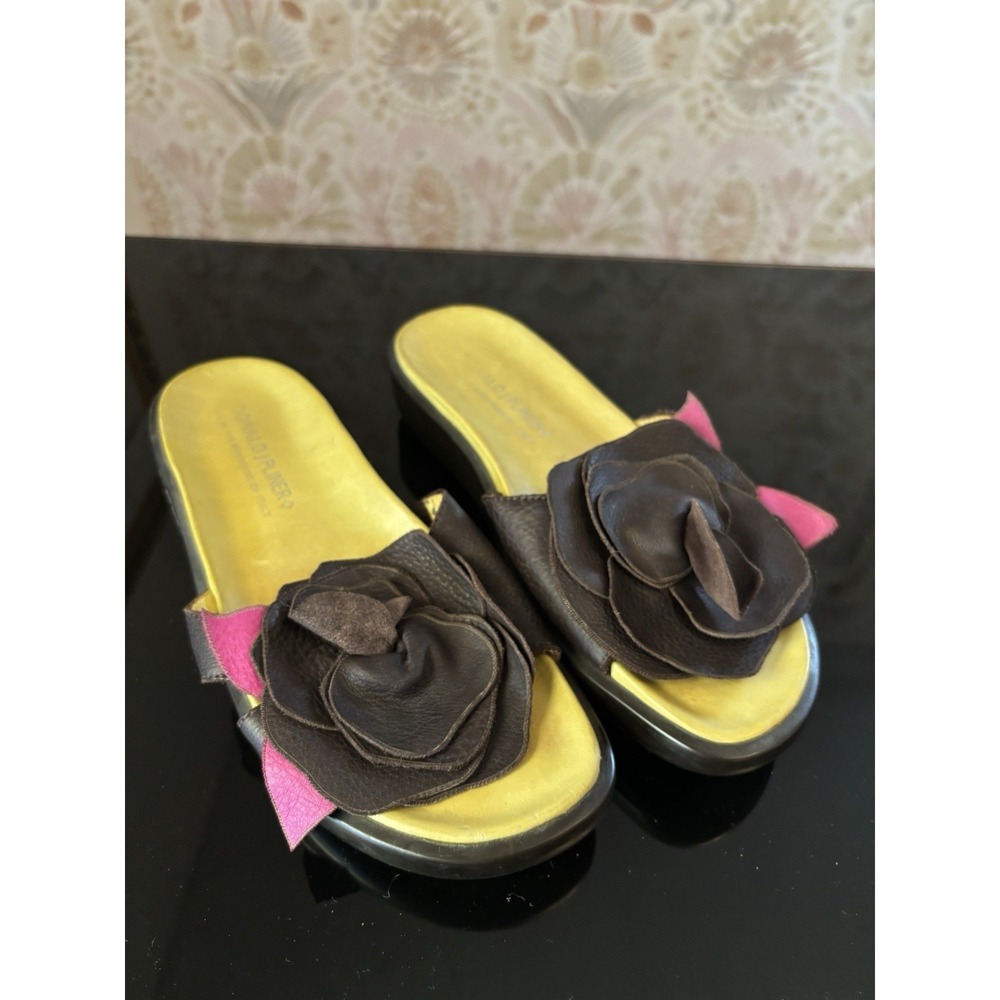 Donald J Pliner Women's Leather Slide Sandals Brown Green Pink Flower US 7.5